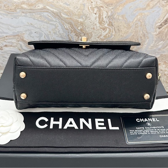 Chanel Caviar Chevron Quilted Mini Coco Black Leather Handle Flap Bag - Picture 5 of 15